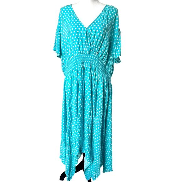 MICHAEL KORS Women's 3X Turquoise Georgette White Polka Dot Faux Wrap Midi Dress - Picture 2 of 8